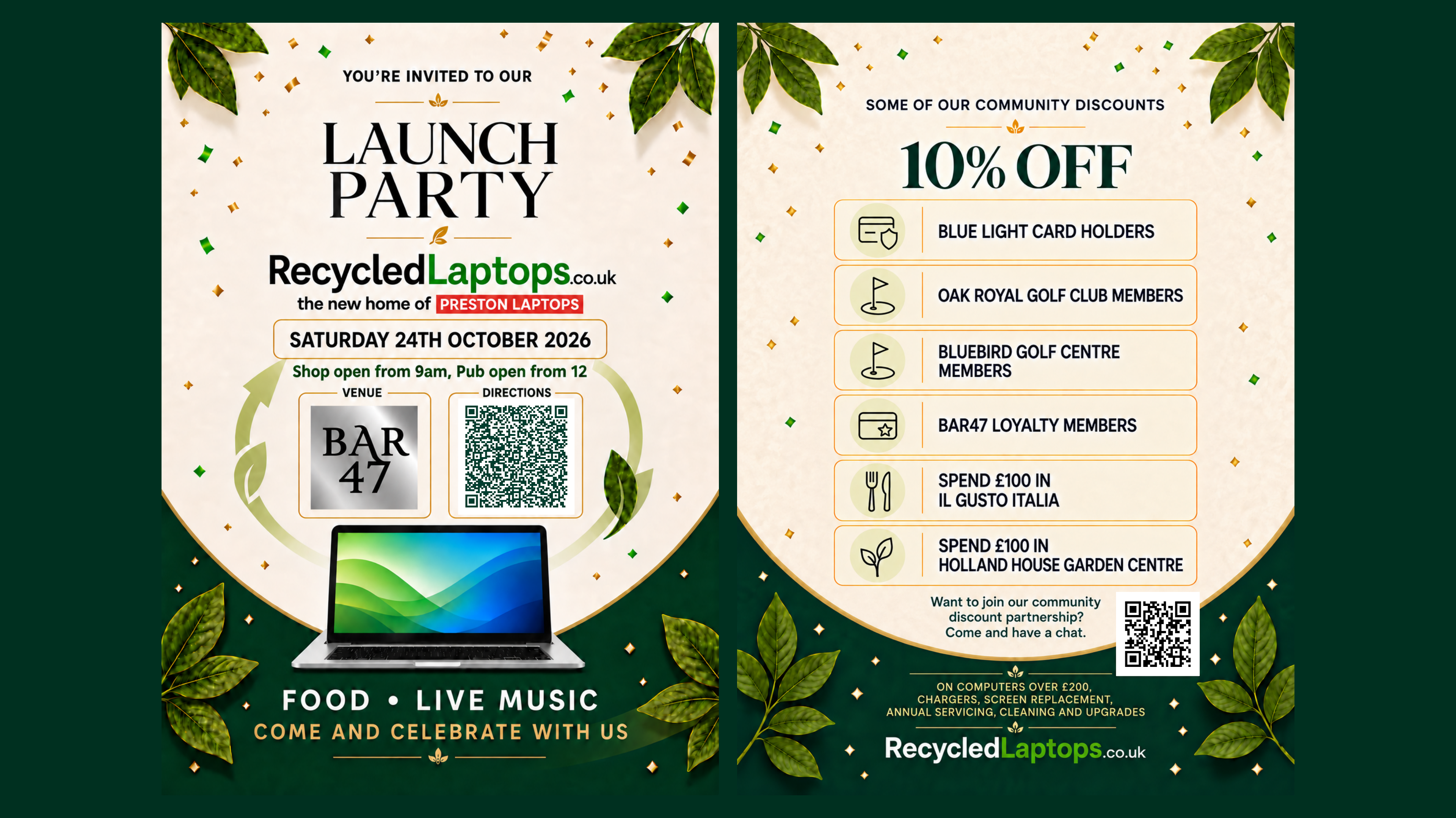 Full-size launch party invitation and community discounts. Saturday 24 October 2026, Bar47. Shop opens at 9am; pub opens at noon.
